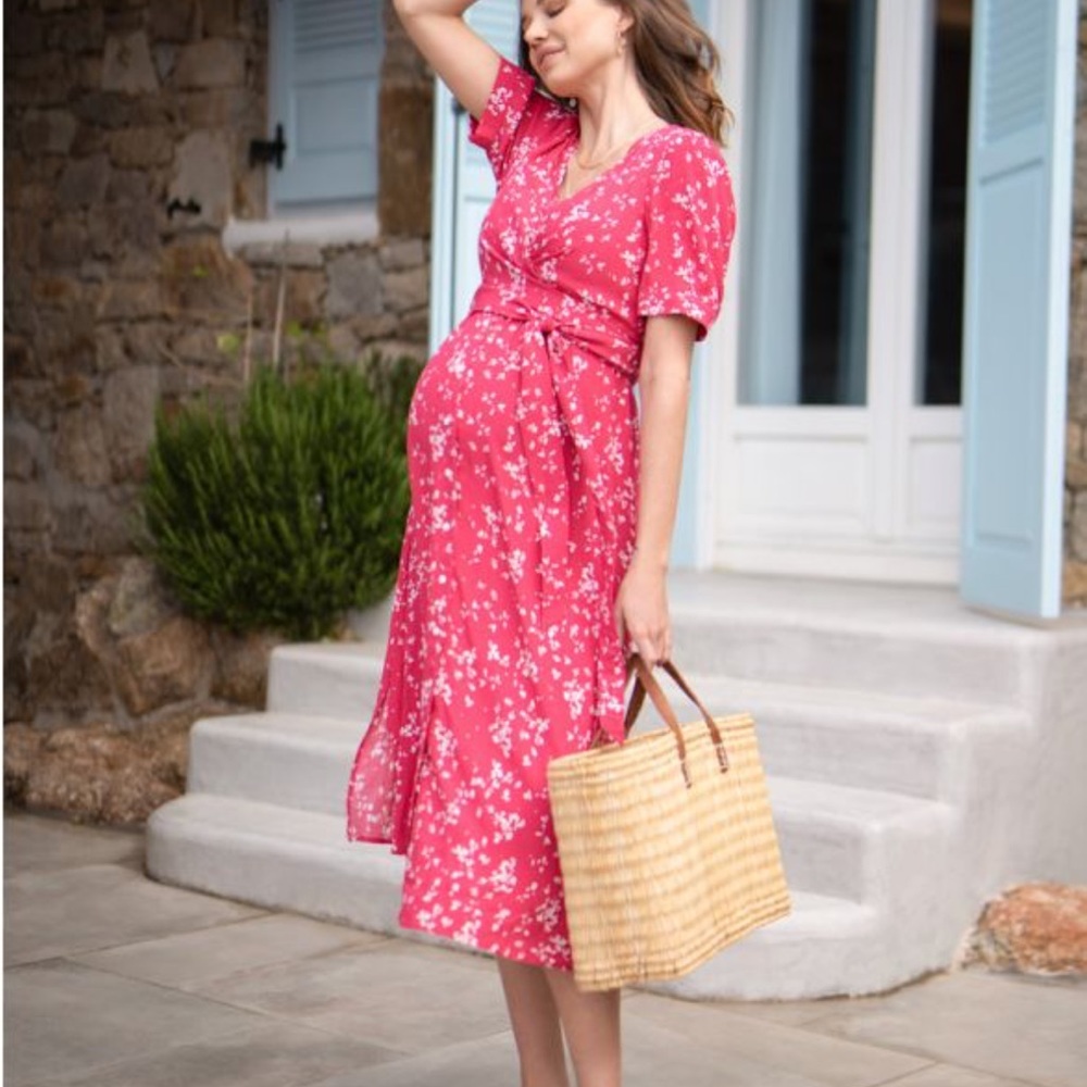 Seraphine Raspberry Floral Maternity & Nursing Midi Dress NWOT